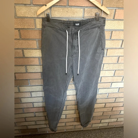 Paige Men's Regular-Fit Gray Elastic Drawstring Waist Flat Front Pants Size 33 - Picture 1 of 6